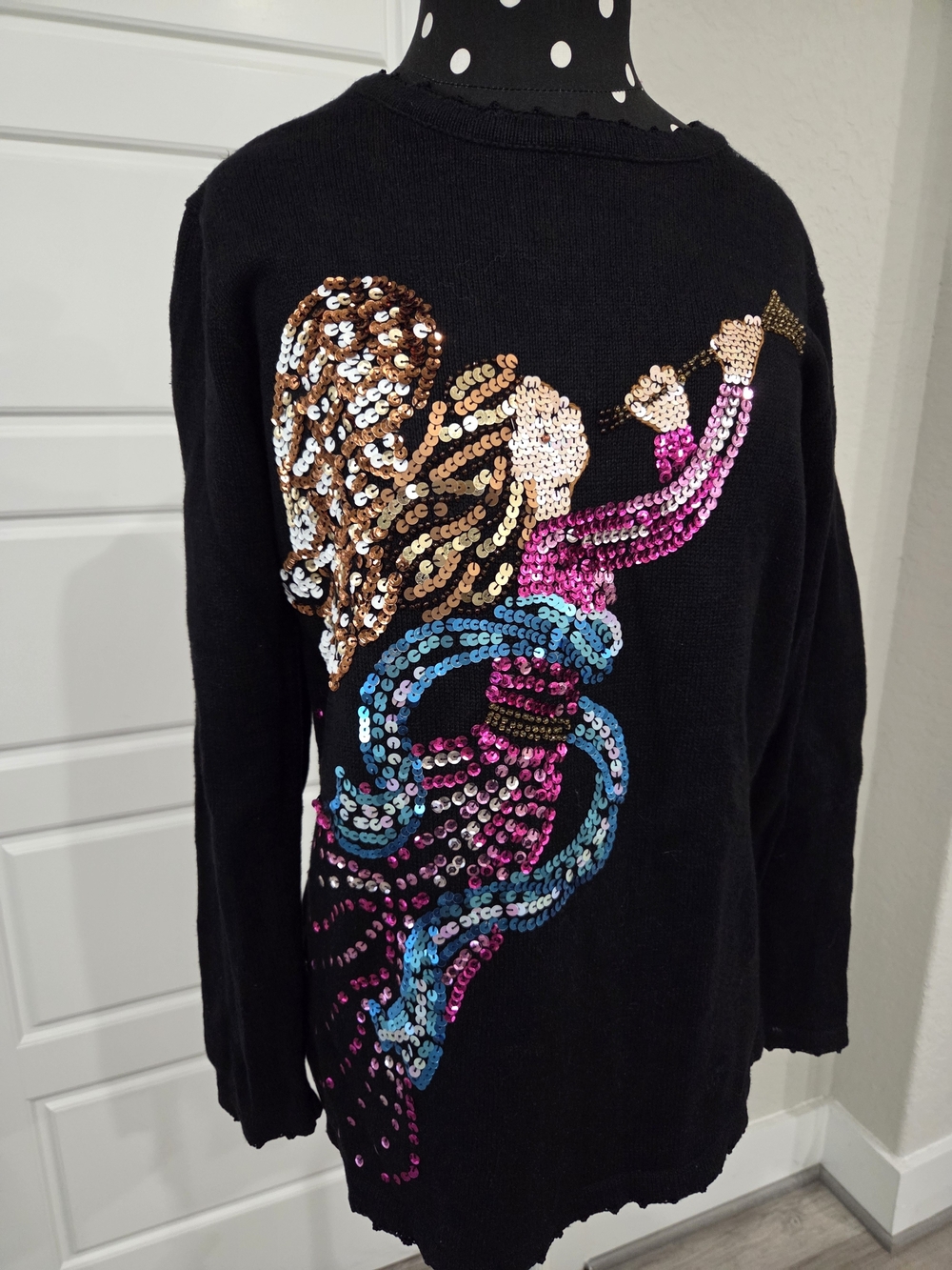 Quacker Factory Black Sequin Angel Sweater with Pink, Blue & Gold Accents Size M - Picture 3 of 9